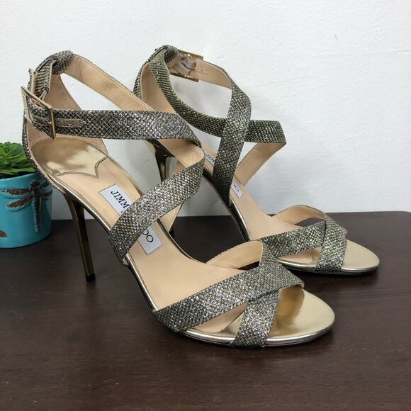 Jimmy Choo Lottie Lag Light Bronze Strappy Glitter Heels Women's Size EU40/US 10 - Picture 3 of 15